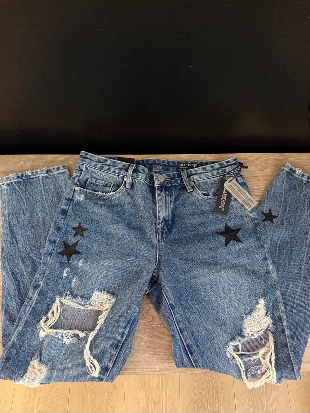 Blank NYC Distressed Star Patch Blue Denim Jeans